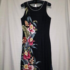 Two Palms Black Floral Tank Maxi Sundress w/Slit Rayon Hawaii Tropical L